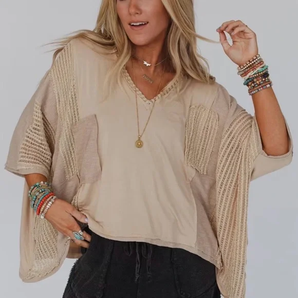 POL boutique Boho Beige Mixed-Knit V-Neck Top - Picture 1 of 6